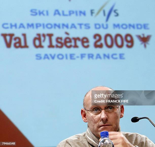 French sports minister Bernard Laporte speaks, 01 February 2008 in Val-D'Isere, during a press conference on the presentation of the 2009 World...