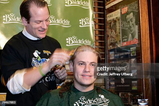 Chris Page and John Linovitz attend the Headblade Shaveoff at Foley's New York Pub on January 31, 2008 in New York City.