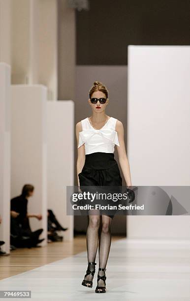 Model walks down the catwalk at the Michalsky fashion show during the Mercedes-Benz Fashionweek Berlin autumn/winter 2008 on January 29, 2008 in...