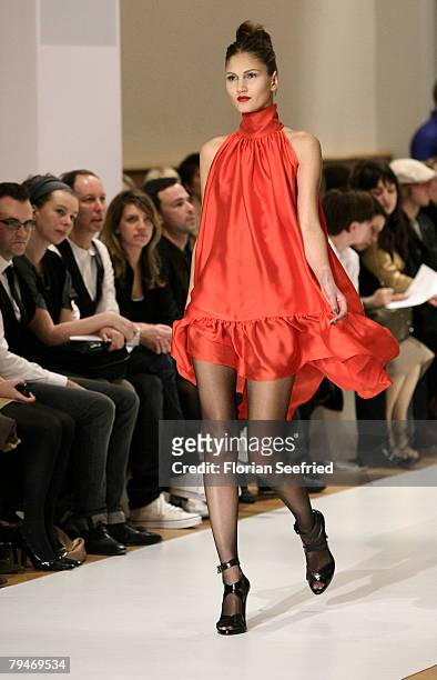 Model walks down the catwalk at the Michalsky fashion show during the Mercedes-Benz Fashionweek Berlin autumn/winter 2008 on January 29, 2008 in...