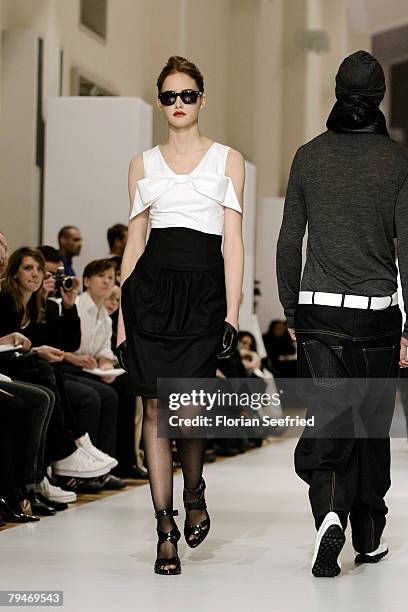 Model walks down the catwalk at the Michalsky fashion show during the Mercedes-Benz Fashionweek Berlin autumn/winter 2008 on January 29, 2008 in...