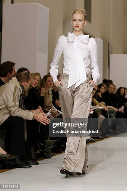 Model walks down the catwalk at the Michalsky fashion show during the Mercedes-Benz Fashionweek Berlin autumn/winter 2008 on January 29, 2008 in...