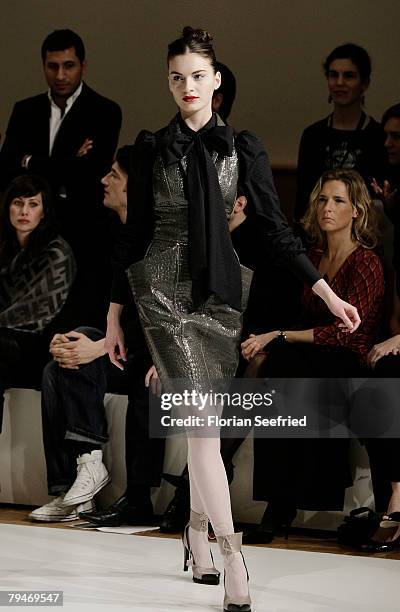 Model walks down the catwalk at the Michalsky fashion show during the Mercedes-Benz Fashionweek Berlin autumn/winter 2008 on January 29, 2008 in...