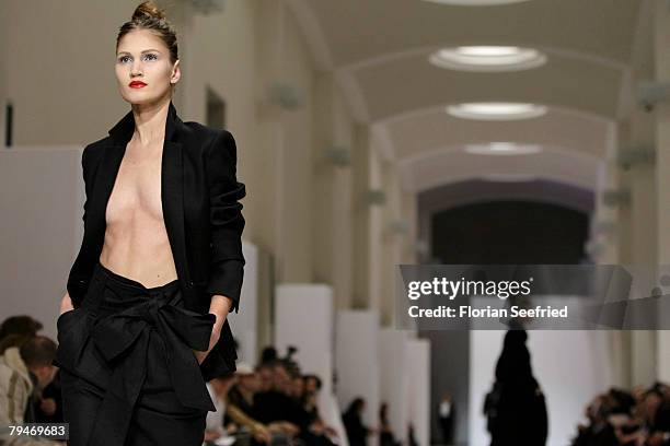 Model walks down the catwalk at the Michalsky fashion show during the Mercedes-Benz Fashionweek Berlin autumn/winter 2008 on January 29, 2008 in...