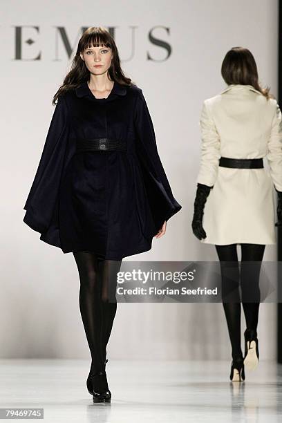 Model walks down the catwalk at the Sinemus fashion show during the Mercedes Benz Fashion Week Berlin autumn/winter 2008 on January 29, 2008 in...