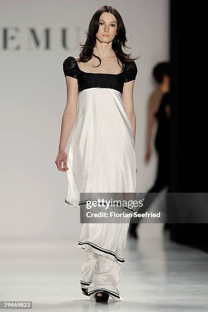 Model walks down the catwalk at the Sinemus fashion show during the Mercedes Benz Fashion Week Berlin autumn/winter 2008 on January 29, 2008 in...