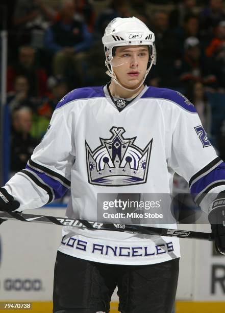 Dustin Brown of the Los Angeles Kings skates against the New York Islanders on January 31, 2008 at Nassau Coliseum in Uniondale, New York