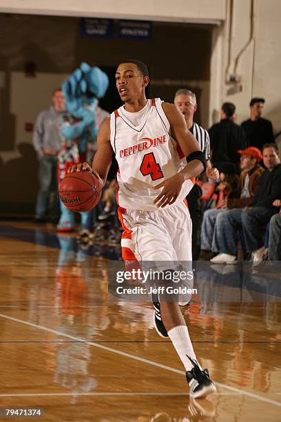 Malcolm Thomas of the Pepperdine Waves dribbles the ball against the Loyola Marymount Lions on January 26, 2008 in Malibu, California.