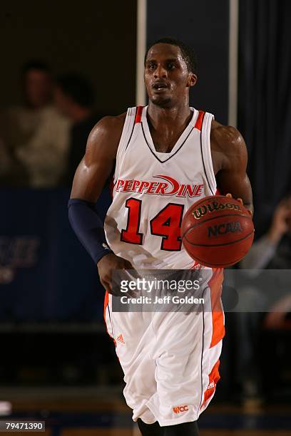Rico Tucker of the Pepperdine Waves dribbles the ball against the Loyola Marymount Lions on January 26, 2008 in Malibu, California.