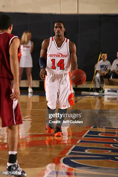 Rico Tucker of the Pepperdine Waves dribbles the ball against the Loyola Marymount Lions on January 26, 2008 in Malibu, California.