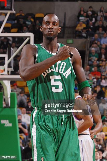Kevin Garnett of the Boston Celtics reacts to play against the Detroit Pistons during the game at the TD Banknorth Garden on December 19, 2007 in...