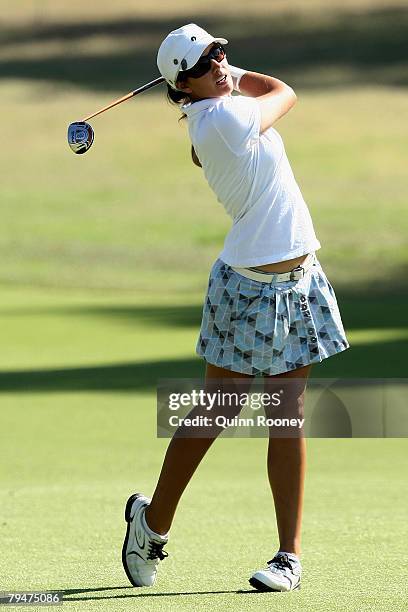 Nikki Garrett of Australia plays her second shot on the fifth hole during round three of the Women's Australian Golf Open 2008 at Kingston Heath Golf...