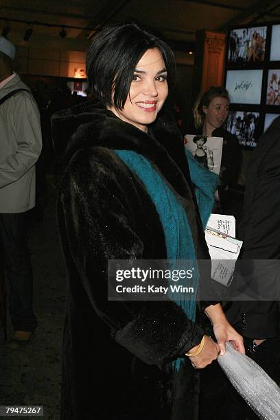 Personlity Karen Duffy poses at the fashion tents in Bryant Park during Mercedes-Benz Fashion Week Fall 2008 on February 1, 2008 in New York City.
