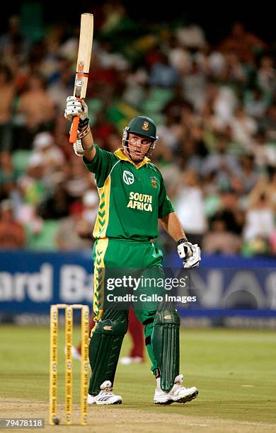 Graeme Smith of South Africa reaches his 50 during the 4th ODI between South Africa and West Indies held at Sahara Stadium on February 1, 2008 in...