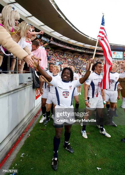 Patrick Komongnan of the USA celebrate after their win in the Shield match against Kenya during the New Zealand International Sevens at Westpac...