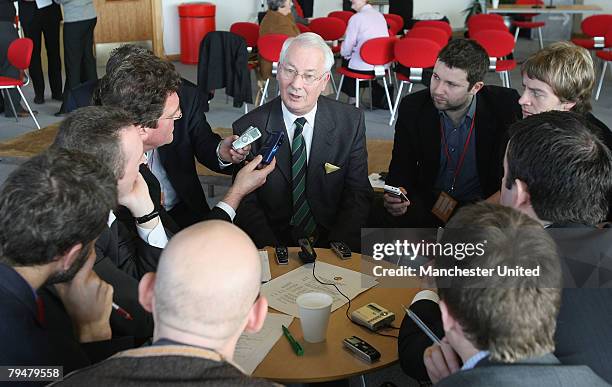 Kenny Morgans speaks during a press conference concerning the 50th anniversary of the Munich Air Disaster at Carrington Training Ground on January 9...