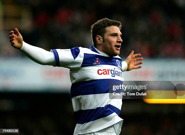 Akos Buzsaky of Queens Park Rangers celebrates his first goal and third of the game during the Coca-Cola Championship match between Queens Park...