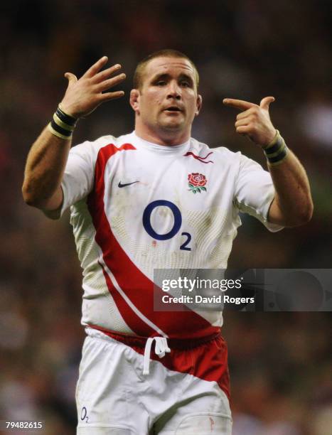 Phil Vickery the England captain, gestures to his teammates during the RBS Six Nations Championship match between England and Wales at Twickenham on...