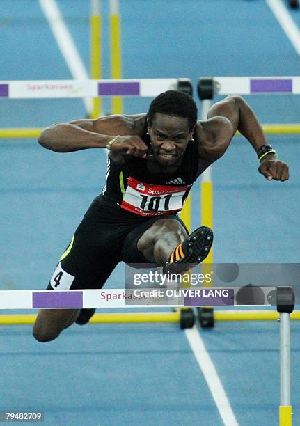 Cuba's Dayron Robles competes to place first in the men's 60M Hurdles event of the "Sparkassen Cup" indoor meeting 02 February 2008 at the...