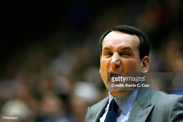 Head coach Mike Krzyzewski of the Duke Blue Devils yells at an official after a call during the first half against the Miami Hurricanes at Cameron...