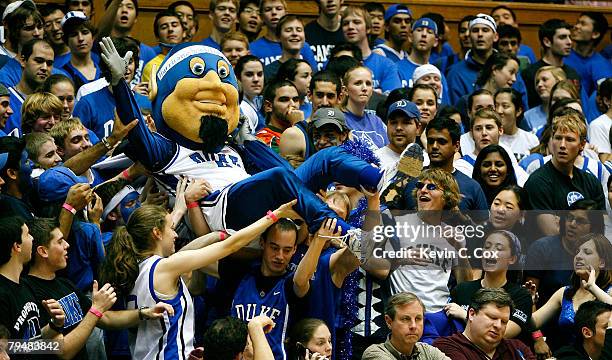 The Duke Blue Devil surfs atop the Cameron Crazies during the first half against the Miami Hurricanes at Cameron Indoor Stadium on February 2, 2008...