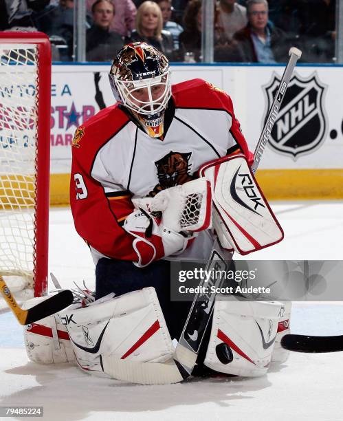 Goaltender Tomas Vokoun of the Florida Panthers makes a save against the Tampa Bay Lightning at St. Pete Times Forum February 2, 2008 in Tampa,...