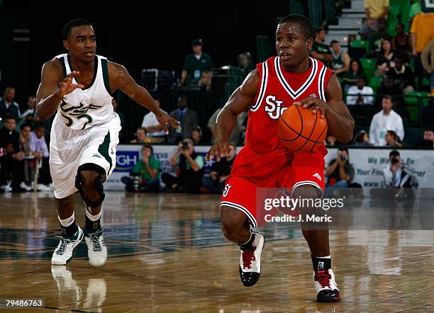 Solomon Bozeman of the South Florida Bulls trails Malik Boothe of the St. John's Red Storm during the game at the Sundome February 2, 2008 in Tampa,...