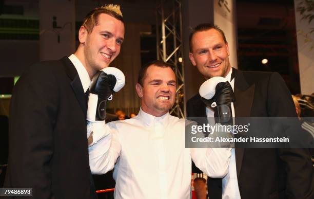 Sven Ottke poses with Pascal Hens and Christian Schwarzer at the 2008 Sports Gala ' Ball des Sports ' at the Rhein-Main Hall on February 2, 2008 in...