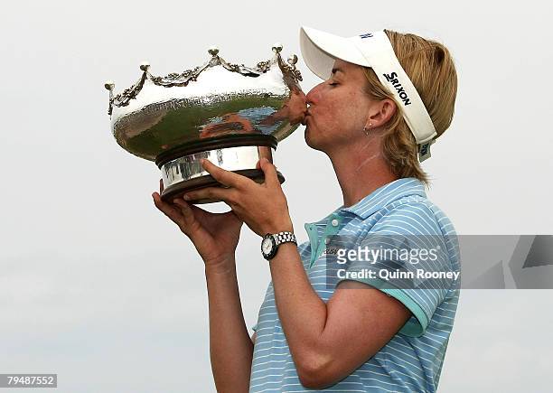 Karrie Webb of Australia kisses the trophy after winning the Women's Australian Golf Open 2008 at Kingston Heath Golf Club on February 3, 2008 in...