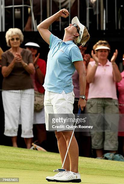 Karrie Webb of Australia celebrates winning the tournament after putting in on the second play off hole during round four of the Women's Australian...