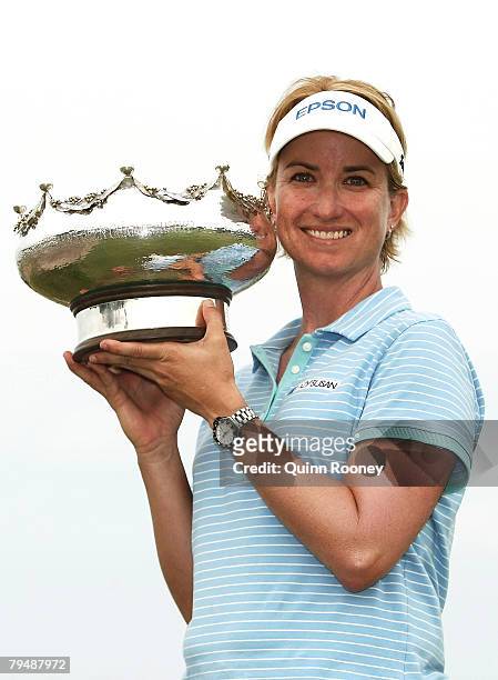 Karrie Webb of Australia poses with the trophy after winning the Women's Australian Golf Open 2008 at Kingston Heath Golf Club on February 3, 2008 in...