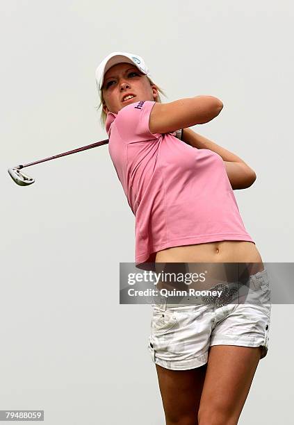 Melissa Reid of England plays her second shot on the eighteenth hole during round four of the Women's Australian Golf Open 2008 at Kingston Heath...