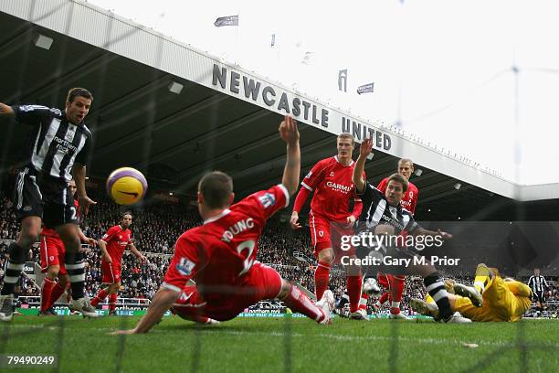 Michael Owen of Newcastle United puts the ball in the net, but has the goal disallowed during the Barclays Premier League match between Newcastle...