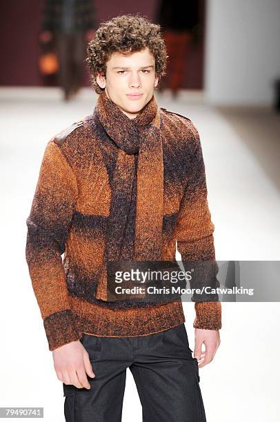 Model walks the runway during the Perry Ellis menswear fashion show part of New York Mercedes Benz Fashion Week Autumn/Winter 2008 on the 1st of...