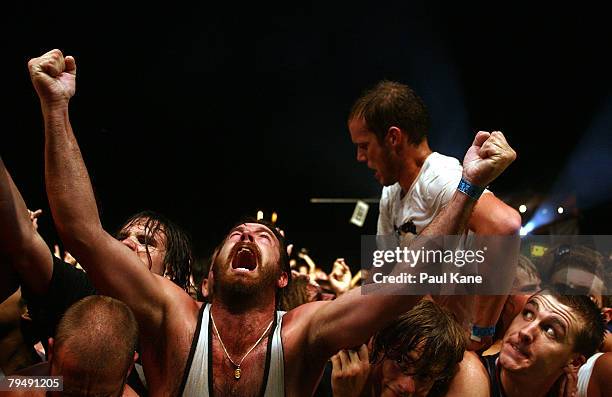 Fan shouts out as Rage Against The Machine perform on stage during the 2008 Big Day Out at the Claremont Showgrounds on February 3, 2008 in Perth,...