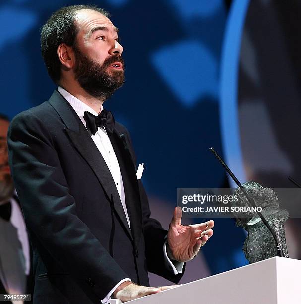 Spanish director Jaime Rosales receives the best picture and director award for 'La Soledad' at the Goya awards ceremony in Madrid on February 3,...