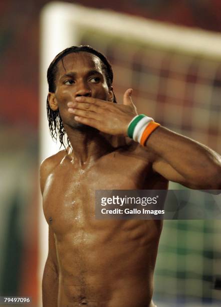 Didier Drogba sends a kiss during the quater final AFCON match between Ivory Coast and Guinea held at the February 3, 2008 at the Sekondi Stadium, in...