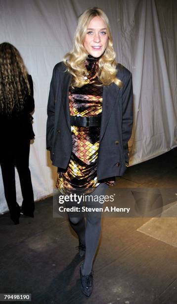 Actress Chloe Sevigny arrives backstage at Mercedes-Benz Fashion Week Fall 2008 at Bryant Park February 3, 2008 in New York City.