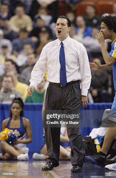 Head coach Steve Lavin of the UCLA Bruins yells from the sideline during the second round of the 2002 NCAA Division I Men's Basketball Tournament on...