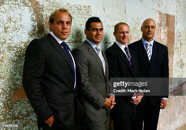 Phil Waugh, George Smith, John Roe and Nathan Sharpe pose during the 2008 Super 14 Official Launch at The Mint on February 4, 2008 in Sydney,...