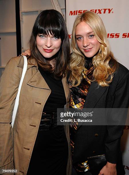Actress/designer Milla Jovovich and actress Chloe Sevigny attend Miss Sixty Fall 2008 during Mercedes-Benz Fashion Week at the Tent, Bryant Park on...