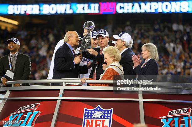 Terry Bradshaw interviews John K. Mara, president, CEO, and co-owner of the New York Giants, his mother Ann Mata as they hold the Vince Lombardi...