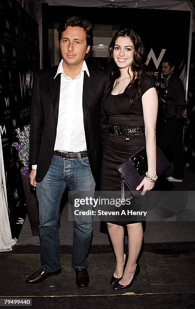 Actress Anne Hathaway and her boyfriend real estate developer Raffaello Follieri arrive backstage at Mercedes-Benz Fashion Week Fall 2008 at Bryant...