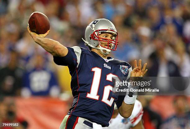 Quarterback Tom Brady of the New England Patriots drops back to pass against the New York Giants the second half of Super Bowl XLII on February 3,...