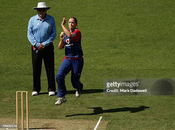 England's Beth Morgan sends down a delivery during the Women's One Day International match between the Australian Southern Stars and England at the...