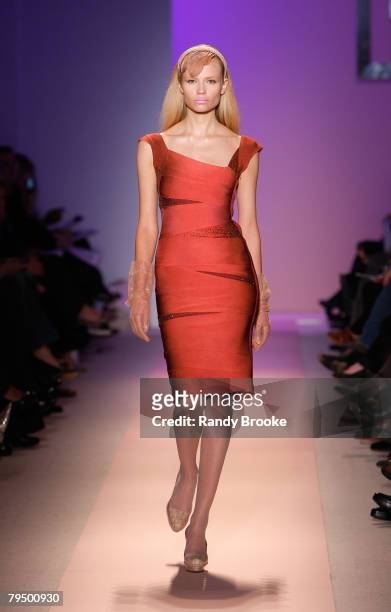 Model walks the runway wearing Herve Leger by Max Azria Fall 2008 during Mercedes-Benz Fashion Week at the Promenade, Bryant Park on February 3, 2008...