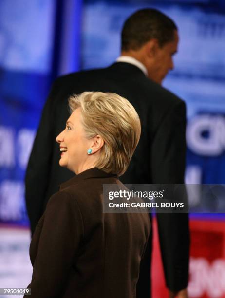 Democratic presidential candidates, Illinois Senator Barack Obama and New York Senator Hillary Clinton arrive for the televised CNN/LA Times/Politico...