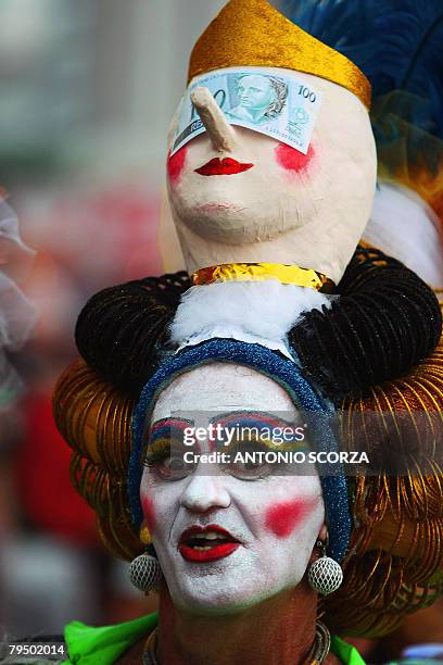 Drag queen gestures during the carnival street band 'Banda de Ipanema' parade, on February 2, 2008 in Rio de Janeiro, Brazil. Huge sweaty crowds...