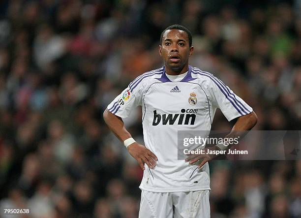 Robinho of Real Madrid reacts during the La Liga match between Real Madrid and Villarreal at the Santiago Bernabeu Stadium on January 27, 2008 in...