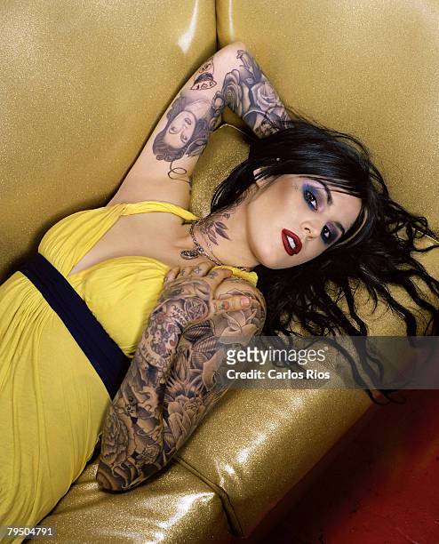 Tattoo artist Kat Von D poses at a portrait session at High Voltage Tattoo in Los Angeles, CA.
